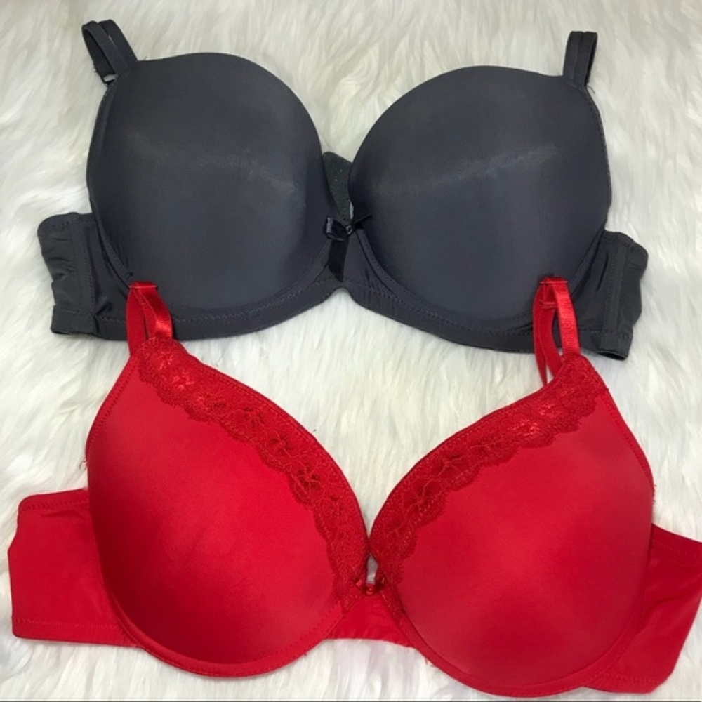 2 Bra Bundle 38B Gray Red Lace 1 Push Up 1 Lined